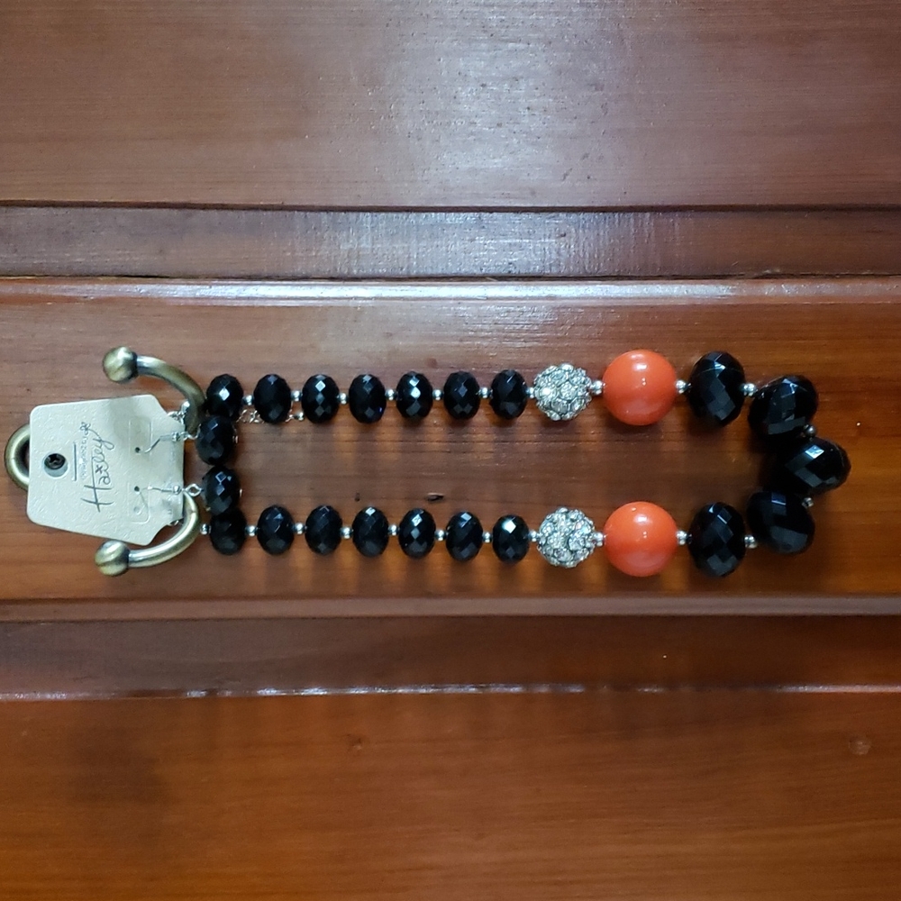 Black & Orange Beaded Statement Necklace Earrings Set